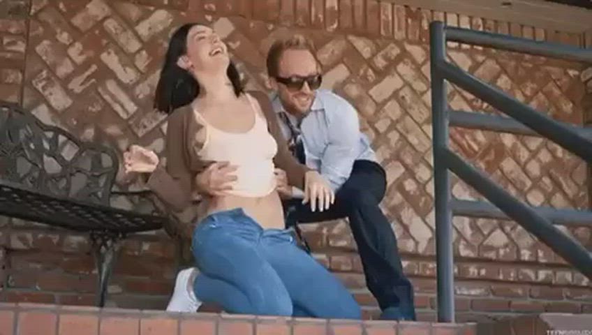 big tits bouncing tits doggystyle forced jeans milf public slapping gif