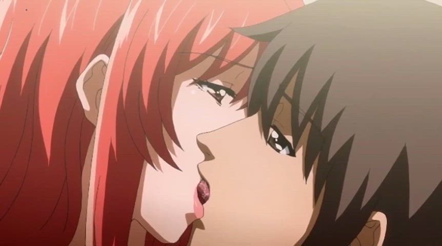 anime blowjob cumshot french kissing hentai office redhead gif