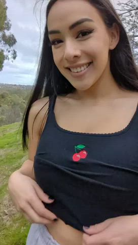 18 years old brunette exposed public teen tits titty drop gif