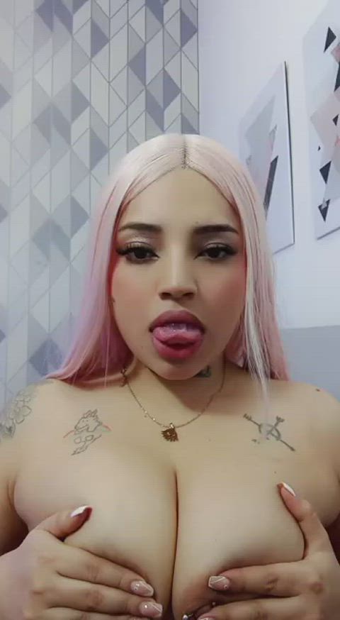 big tits boobs latina natural tits nipple piercing nipples saliva sensual tits gif