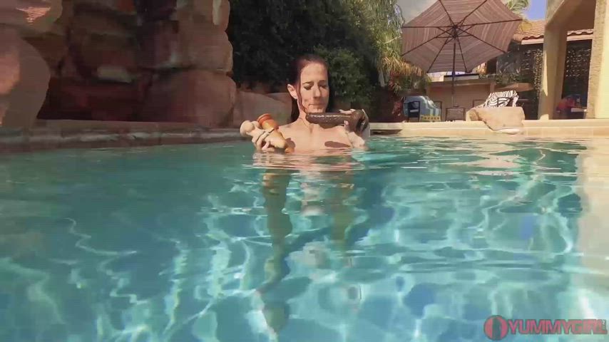 Brunette Dildo MILF Outdoor Pool Sex Toy Solo Sucking gif