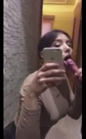 amateur blowjob clothed mirror public quickie selfie standing doggy gif