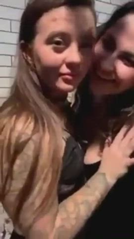 bar brunette couple friends girlfriends kissing lesbians redhead gif