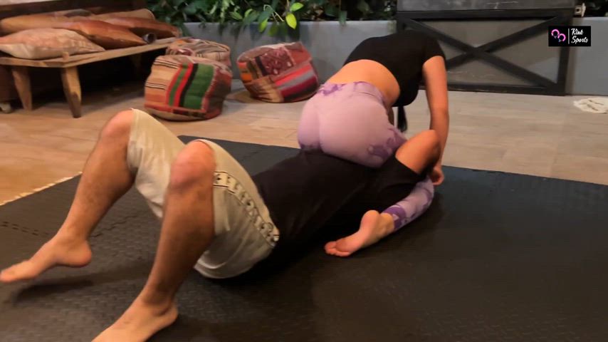 Single Mom wrestling lazy Man in her purple tight yoga pants - kinksports.com/dahiana