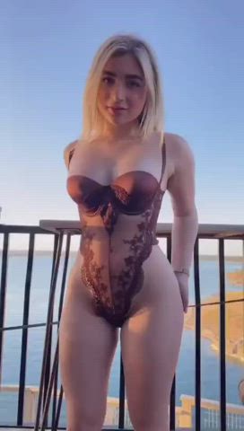 ass blonde bodysuit erotic lingerie long hair model outdoor tiny gif