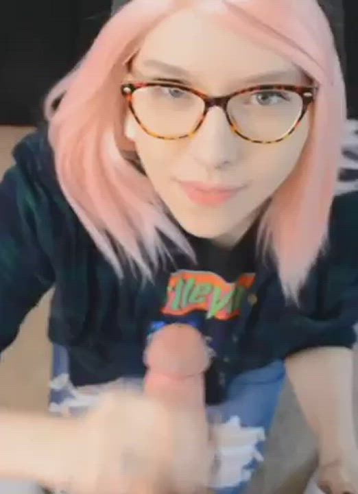 Cute girl with pink hair cum on face