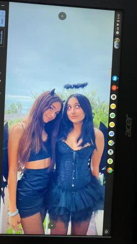 Two cute girls get covered in my cum