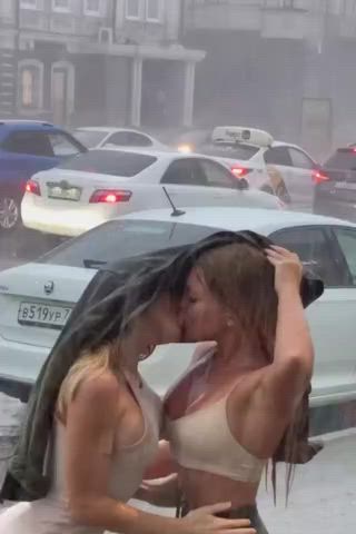 Bra Couple Girlfriends Girls Kissing Lesbians Outdoor Wet gif