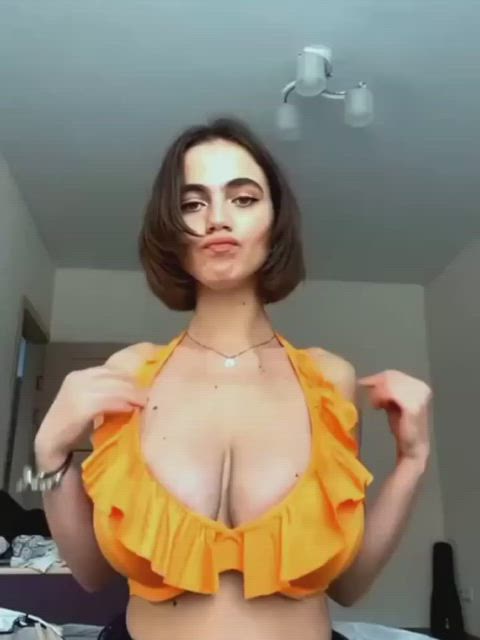 big tits boobs bra brunette chest short hair tits white girl gif