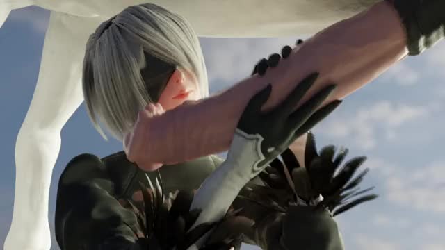 2B feeling up a massive horse cock