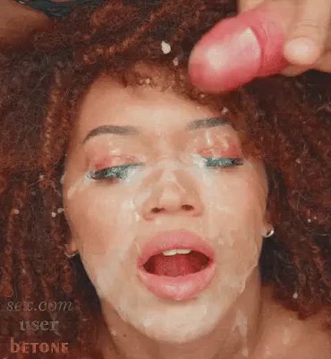 afro bukkake cum cumshot cumshots curly hair face smothering facial makeup cumslut