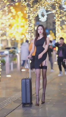 asian cleavage compilation cute dress high heels legs pretty stockings gif