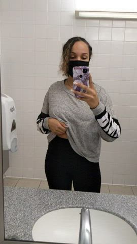 bathroom caught curly hair ebony flashing mom public tits titty drop gif