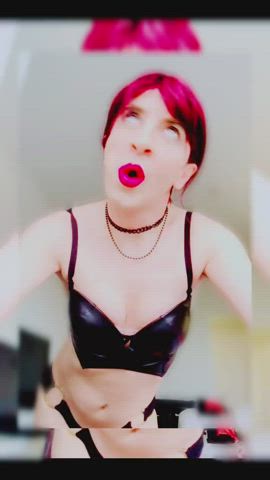 crossdressing eye contact femboy lipstick sissy small tits trans gif