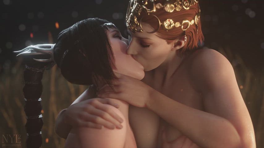 animation elf fantasy french kissing kiss kissing lesbian lesbians yuri gif