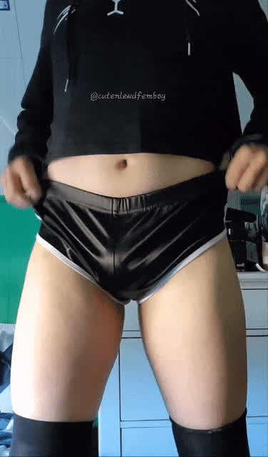 blonde bulge crossdressing cut cock femboy flashing panties shorts sissy thong gif
