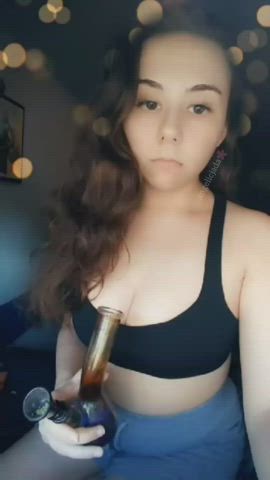 big tits bra brown eyes brunette clothed cute goddess long hair smoking gif
