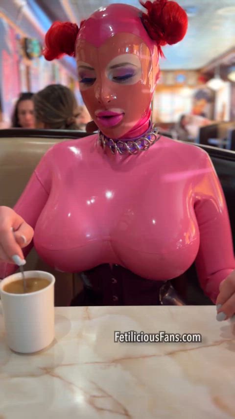 catsuit femdom fetish findom kinky latex lips mask public rubber bigtits girls-with-neon-hair