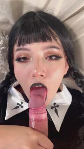 blowjob brunette cock worship cosplay cumshot face fuck facial goth gif