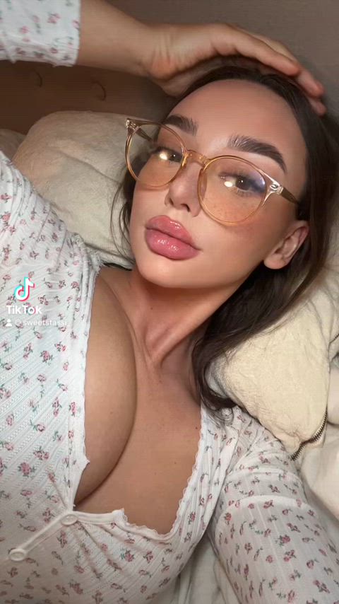 brunette girl next door glasses onlyfans princess tease tiktok tits gif