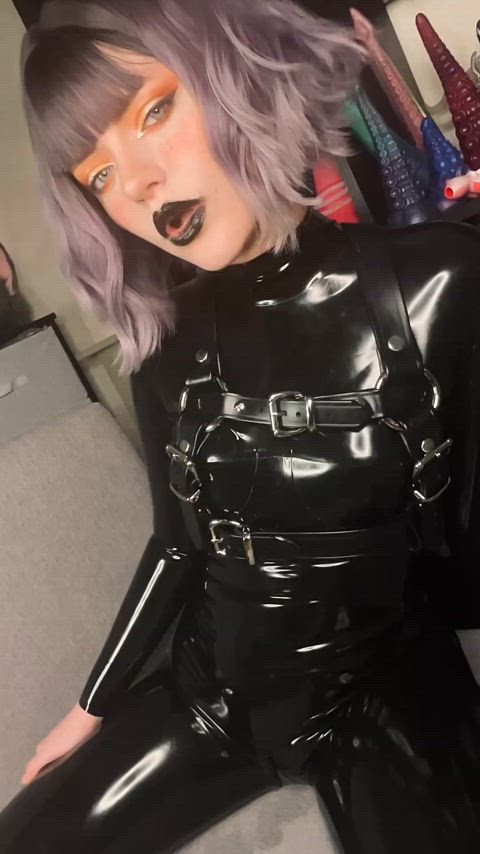 ahegao catsuit latex lips lipstick lipstick fetish long tongue rubber tongue tongue