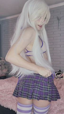 anime cosplay cute eye contact lingerie petite shaved pussy small tits teen gif