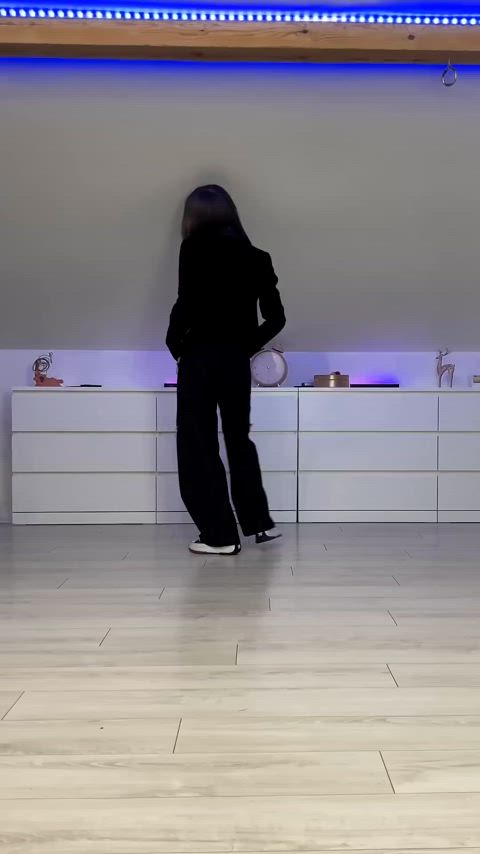 blindfolded brunette dance tease gif