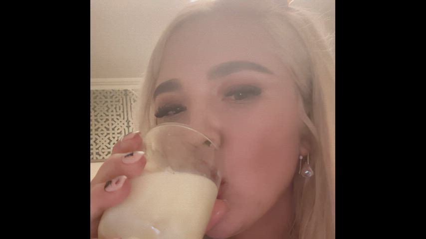 karina start to drink her glass of cum. 1st part.