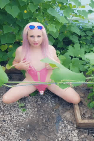 blonde lingerie outdoor sissy small nipples small tits smile solo trans gif