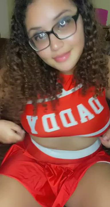 Brunette Busty Cheerleader Ebony Glasses Innocent OnlyFans Teen gif