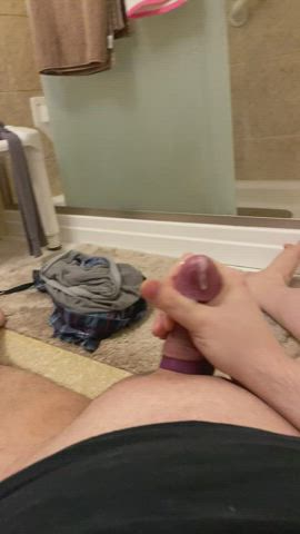 amateur bathroom bear cock ring cum cumshot jerk off male masturbation t-shirt gif