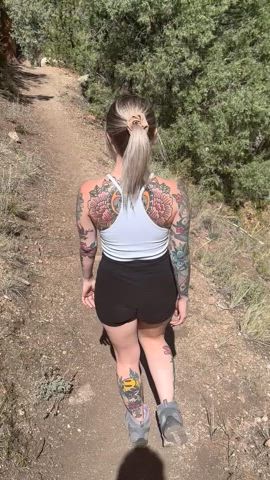 outdoor t-shirt tattoo tattooed topless walking r/fuckoutdoors gif