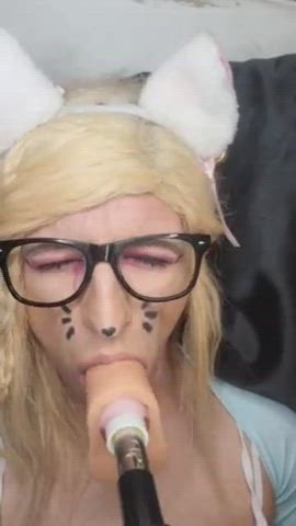 deepthroat femboy femme fuck machine glasses sissy sloppy throat fuck gif