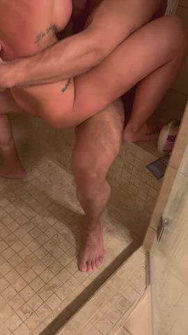 big tits cowgirl hotwife mfm real couple riding sharing shower gif
