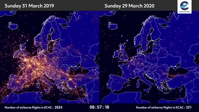 Snapshot of what the air traffic looked like Sunday, 29 March 2020, compared to Sunday