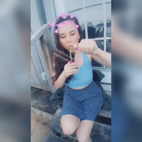 clothed cute groping kawaii girl outdoor pale smoking tease teasing gif