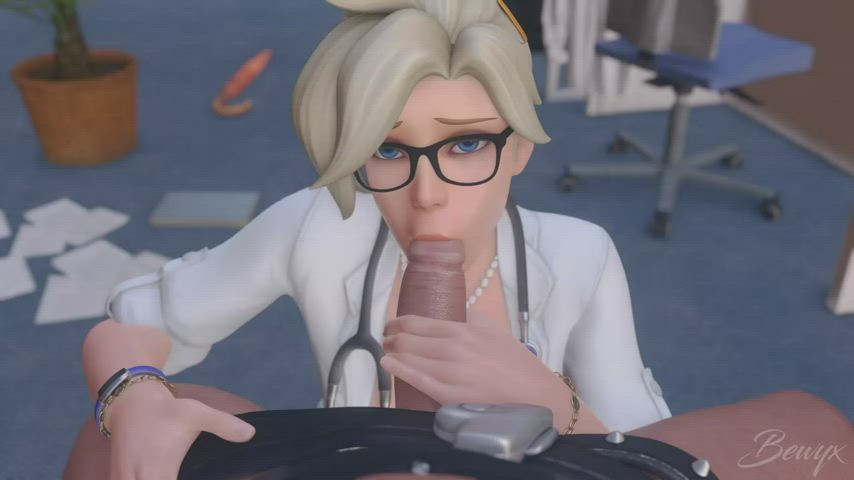 animation blonde blowjob deepthroat eye contact glasses overwatch pov swiss gif