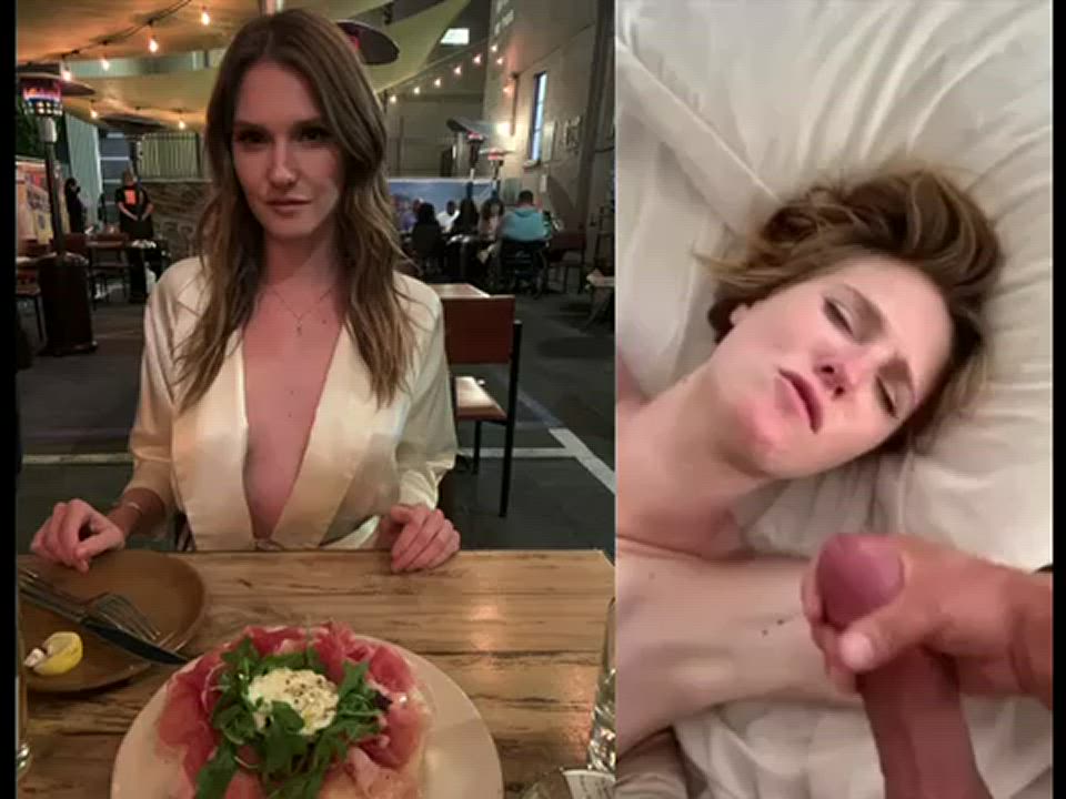 Casual picture in restaurant and facial video collage after dinner