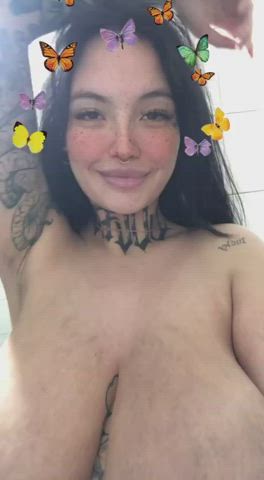 areolas big tits huge tits kiss latina milking nipples squeezing tattoo gif
