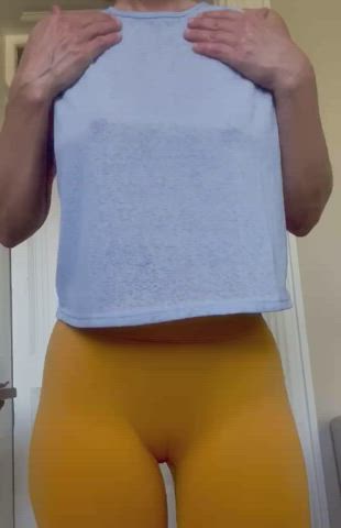 Boobs Camel Toe Clothed Erect Nipples Seduction Tease Yoga Pants gif