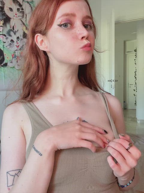 boobs bouncing tits fake boobs homemade redhead tattoo tease white girl gif
