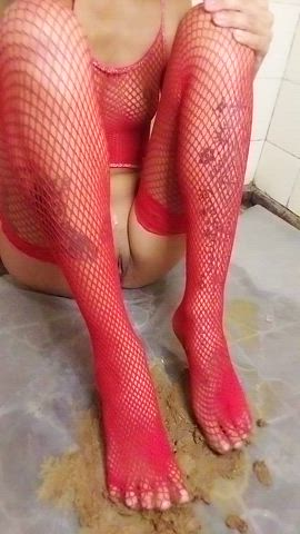 fishnet stockings, feet and poop crush (F)