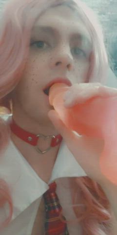 Choker Dildo Femboy Licking Schoolgirl Sissy Sucking Tongue Fetish Toy gif