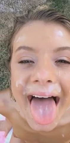 Cute blonde gets outdoor cum on face