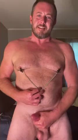 bear daddy gay male masturbation nipple clamps nipple play gif