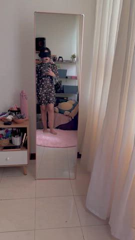 cute dress mirror petite pussy solo tease gif