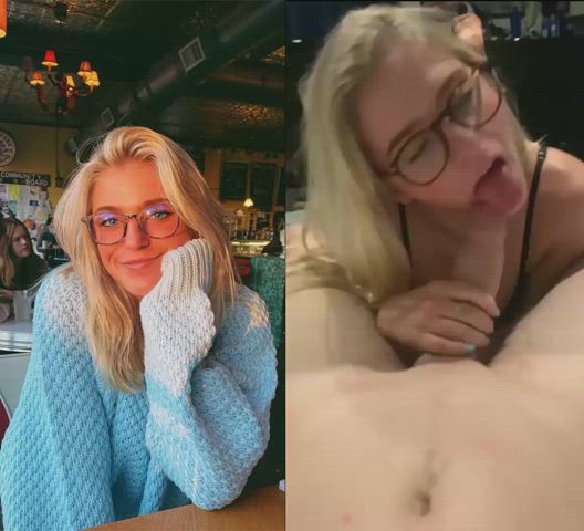 blonde blowjob glasses split screen porn gif