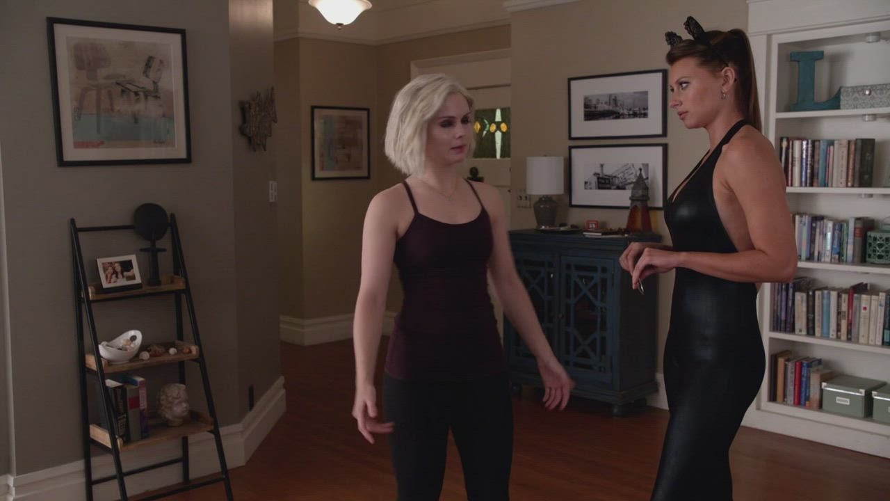 Aly Michalka Catsuit Clothed Lesbian Rose McIver Softcore Spanking gif