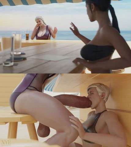 animation beach big dick big tits bikini blonde cum in mouth futanari public gif