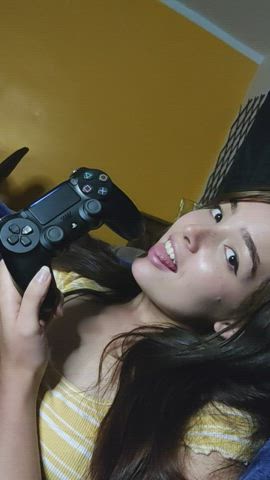 brunette gamer girl licking lips sexy gaming couple teen gif